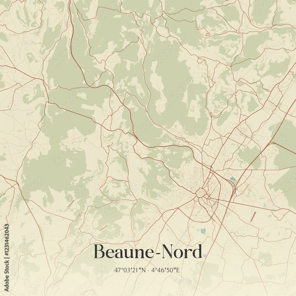Retro map of Beaune-Nord, Bourgogne-Franche-Comt�, France. Vintage street map.