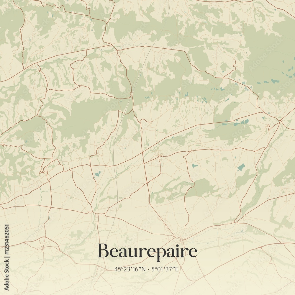 Fototapeta premium Retro map of Beaurepaire, Auvergne-Rh�ne-Alpes, France. Vintage street map.