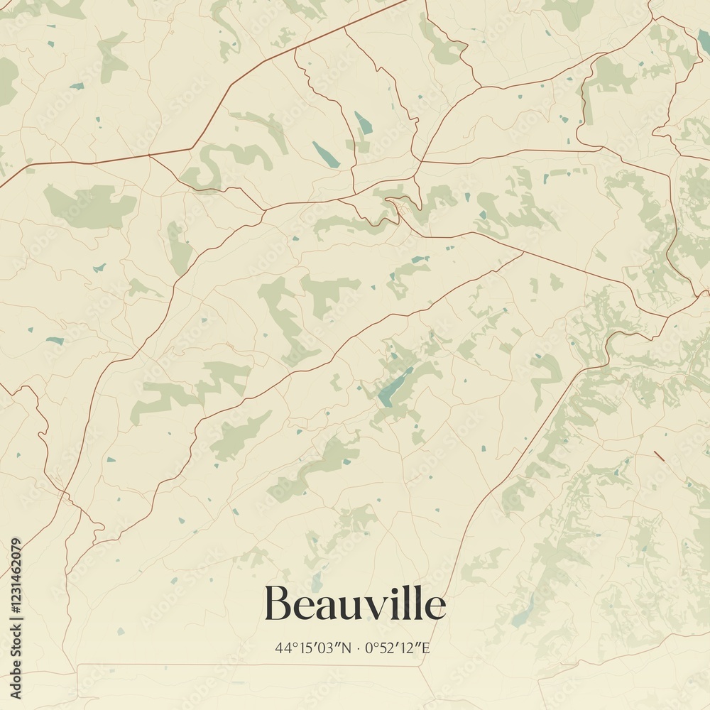 Fototapeta premium Retro map of Beauville, Nouvelle-Aquitaine, France. Vintage street map.