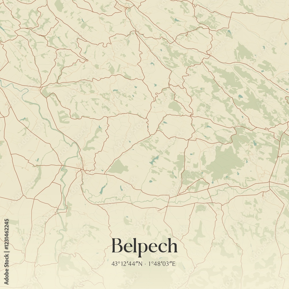 Fototapeta premium Retro map of Belpech, Occitanie, France. Vintage street map.