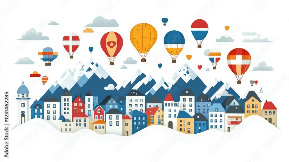 Colorful Hot Air Balloons Soaring Over a Charming Mountain Town Colorful Hot Air Balloons Soaring Over a Charming Mountain Town