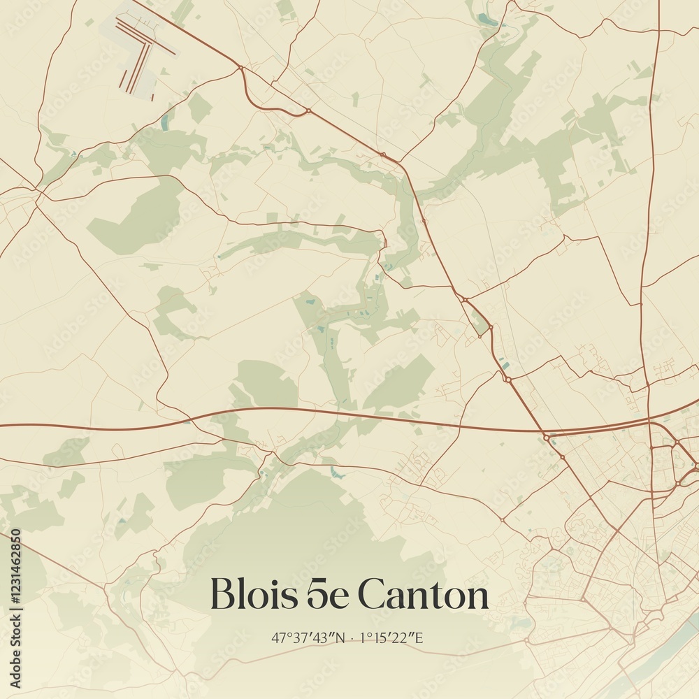Fototapeta premium Retro map of Blois 5e Canton, Centre-Val de Loire, France. Vintage street map.