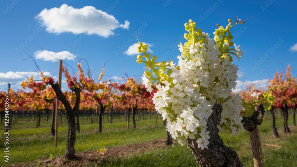Fototapeta premium Vibrant vineyard with blooming white flowers in foreground vibrant green grass and colorful vines under a clear blue sky with fluffy clouds