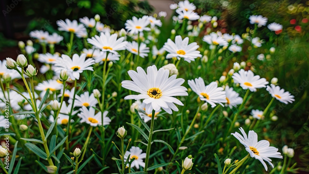 Fototapeta premium Bright white daisies in a lush green garden, densely clustered, with soft bokeh background, showcasing vibrant colors of nature's beauty.