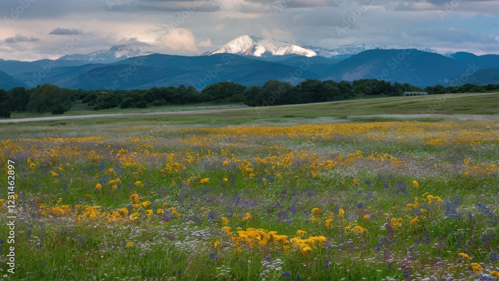 Obraz premium Vibrant wildflower meadow in June with yellow and purple blooms in foreground and majestic snow-capped mountains under cloudy sky in background.