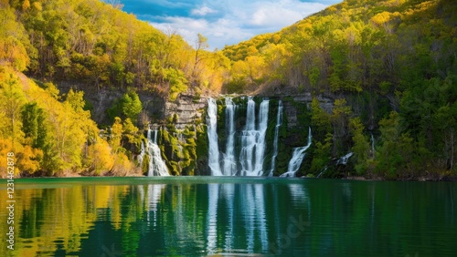 Majestic waterfall cascading into a tranquil lake surrounded by lush green trees and vibrant spring foliage under a blue sky with fluffy clouds