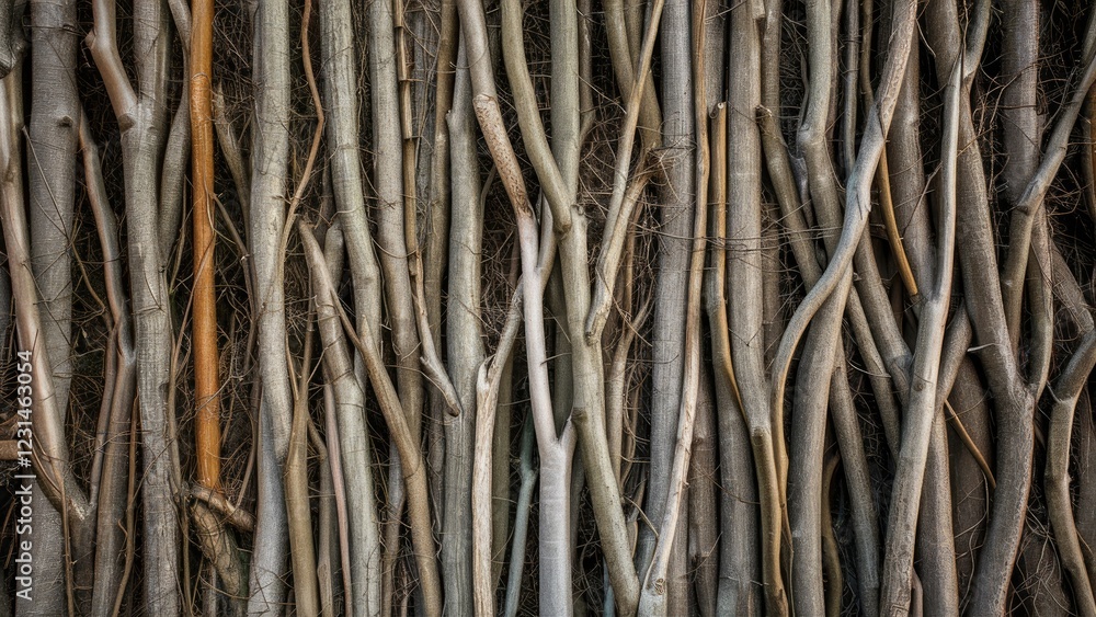 Natural textured background of intertwined dry branches in shades of brown and gray, positioned densely to create an abstract organic wall design. Natural textured background of intertwined dry branches in shades of brown and gray, positioned densely to create an abstract organic wall design.