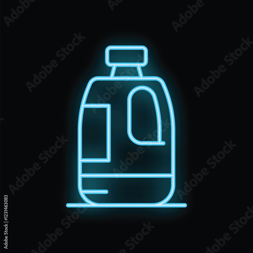 Blue neon sign of a detergent bottle shining on a black background, simple cleaning service icon