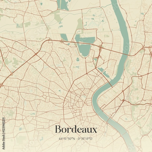 Fototapeta Naklejka Na Ścianę i Meble -  Retro map of Bordeaux, Nouvelle-Aquitaine, France. Vintage street map.