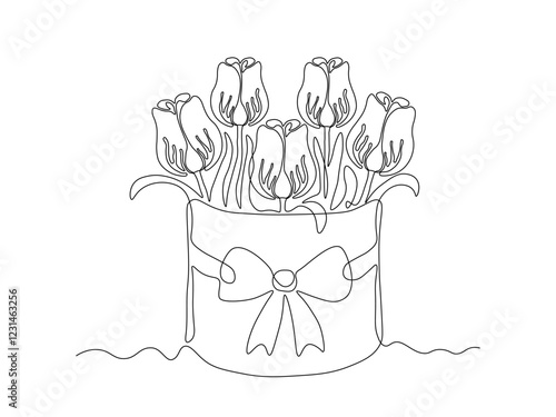 Abstract gift hat box with bow with bouquet of tulip flowers, continuous single one line art hand drawing sketch logo