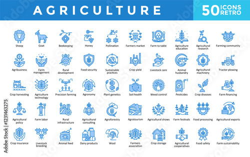 Agriculture icons set with sheep, goat, beekeeping, honey, pollination, farmers market, farm to table, agriculture education, agricultural research, farming community icon. Simple retro vector 
