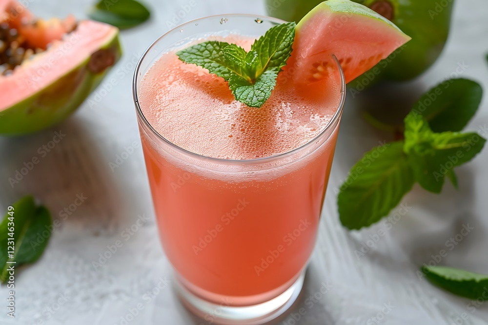A glass of refreshing guava juice with a light pink color, served with a guava slice and a few fresh mint leaves A glass of refreshing guava juice with a light pink color, served with a guava slice and a few fresh mint leaves