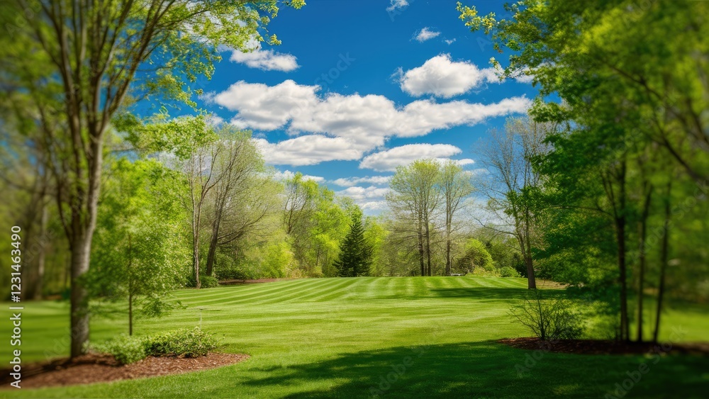 Lush green lawn framed by leafy trees under a bright blue sky with fluffy white clouds on a sunny spring day showcasing vibrant nature Lush green lawn framed by leafy trees under a bright blue sky with fluffy white clouds on a sunny spring day showcasing vibrant nature