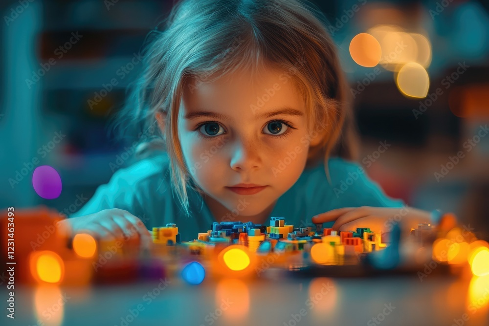 A focused young girl engrossed in building a colorful cityscape with toy blocks, illuminated by warm lights. A focused young girl engrossed in building a colorful cityscape with toy blocks, illuminated by warm lights.