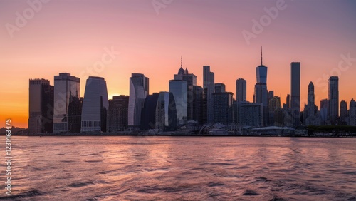 Wallpaper Mural Waterfront skyline at sunset showcasing warm orange hues illuminating towering skyscrapers reflecting in calm waters under pink sky. Torontodigital.ca