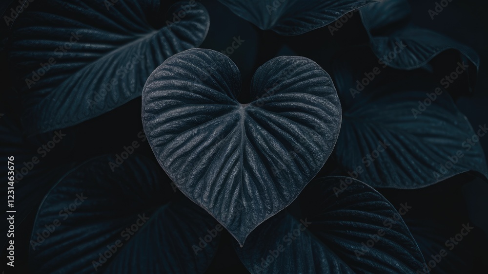 Fototapeta premium Dark green heart-shaped leaves on a textured surface against a black background conveying a sense of tranquility and natural beauty.