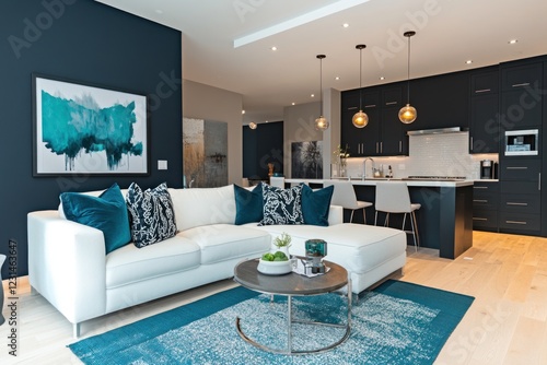 Modern living room with white sectional sofa, teal accents, and open kitchen.