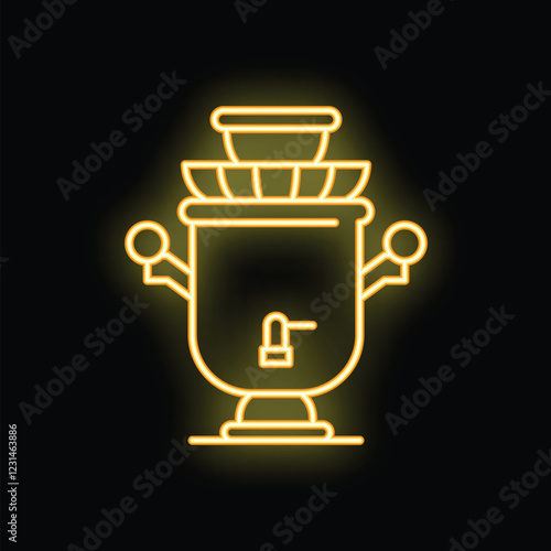 Yellow neon line samovar with bowls on top for traditional tea ceremony