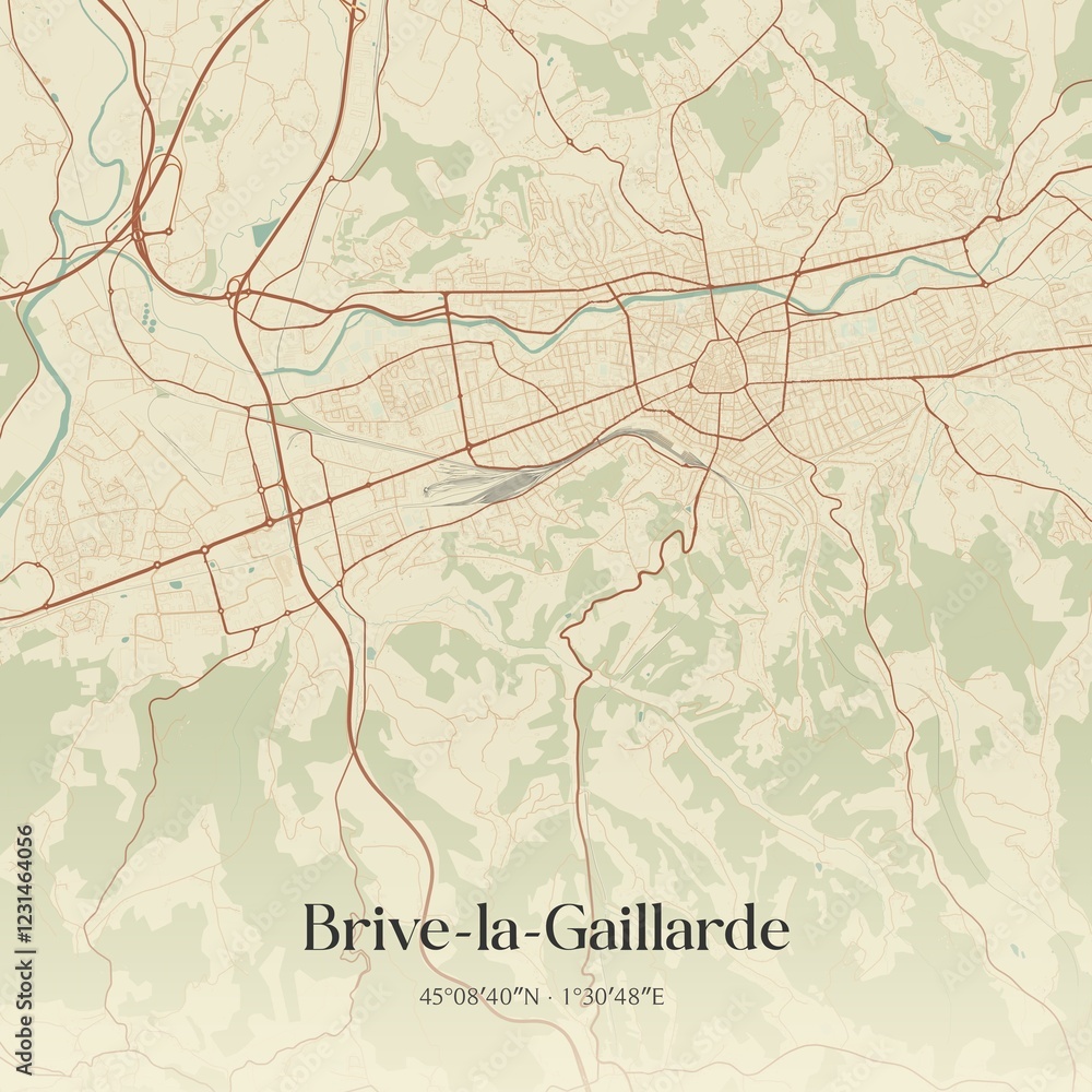 Fototapeta premium Retro map of Brive-la-Gaillarde, Nouvelle-Aquitaine, France. Vintage street map.