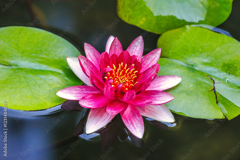 The Historical Botanical Garden La Concepcion in Malaga city at Andalusia, Spain, Europe. Pink water lily in bloom, serene and beautiful. Floating gently on dark water, surrounded by lily pads. The Historical Botanical Garden La Concepcion in Malaga city at Andalusia, Spain, Europe. Pink water lily in bloom, serene and beautiful. Floating gently on dark water, surrounded by lily pads.