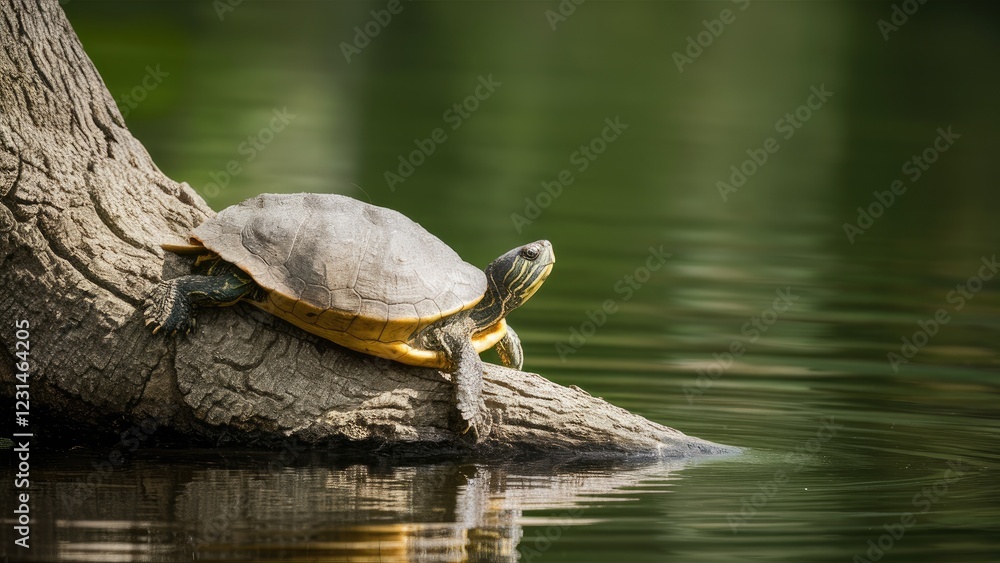 Obraz premium Turtle relaxing on a textured tree trunk over calm green-tinted lake water under soft natural lighting with blurred background elements