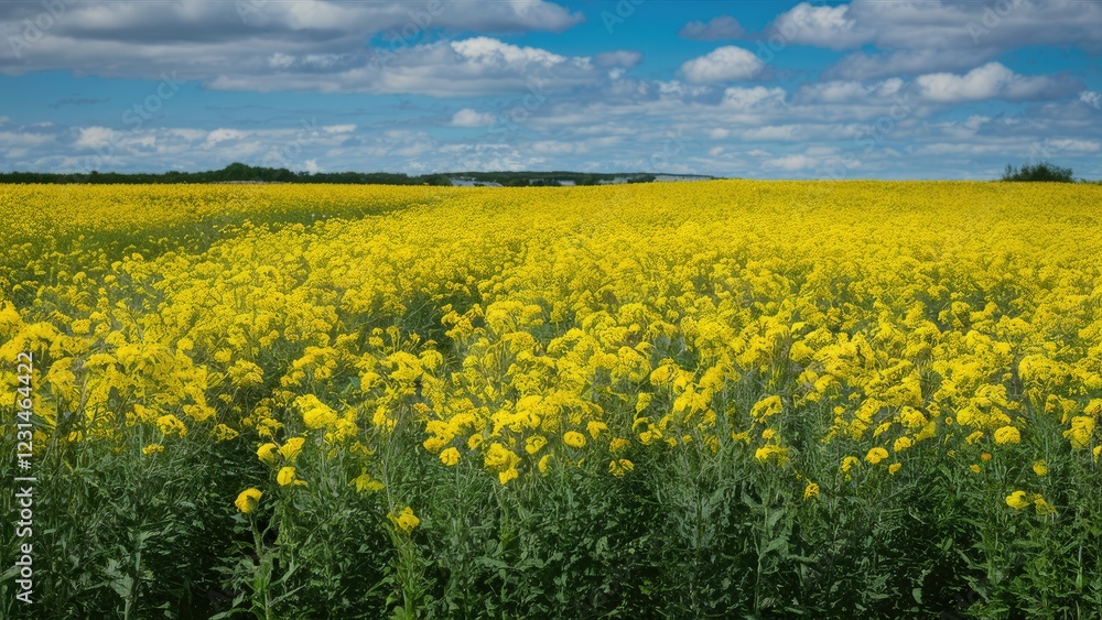 Vast landscape of bright yellow rapeseed flowers under a blue sky with scattered clouds, creating a vibrant natural scene filled with color. Vast landscape of bright yellow rapeseed flowers under a blue sky with scattered clouds, creating a vibrant natural scene filled with color.
