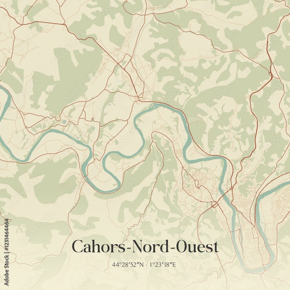 Fototapeta premium Retro map of Cahors-Nord-Ouest, Occitanie, France. Vintage street map.