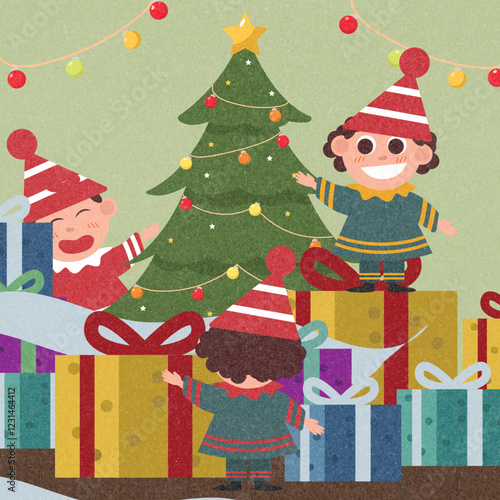 Colorful winter seasonal holiday adorable happy elves in festive costumes. Cute Santa helpers with Christmas gifts and decorations vector flat illustration. 