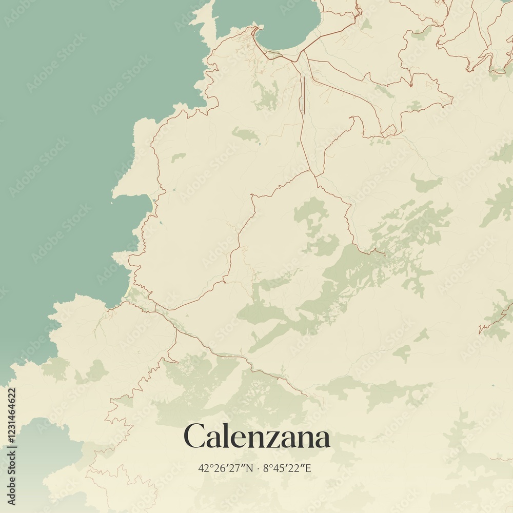 Naklejka premium Retro map of Calenzana, Corse, France. Vintage street map.