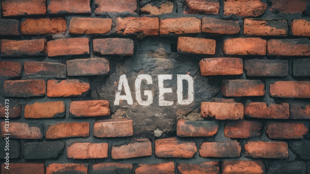Textured aged brick wall with red and brown bricks, central stone highlighted with the word AGED in bold white letters on a dark background Textured aged brick wall with red and brown bricks, central stone highlighted with the word AGED in bold white letters on a dark background