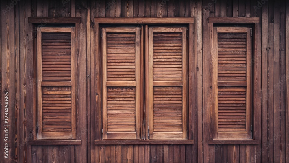 Warm-toned wooden windows with closed shutters arranged symmetrically, enhancing the rustic ambiance through rich textures and inviting hues. Warm-toned wooden windows with closed shutters arranged symmetrically, enhancing the rustic ambiance through rich textures and inviting hues.