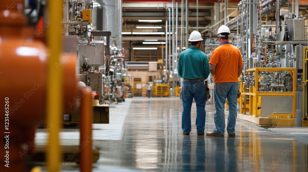 Obraz premium Project managers overseeing installation of high-voltage electrical systems in a manufacturing plant.