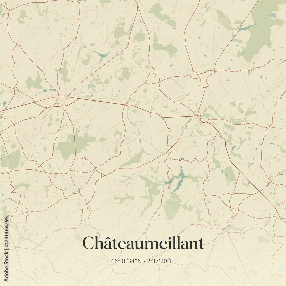 Fototapeta premium Retro map of Ch�teaumeillant, Centre-Val de Loire, France. Vintage street map.