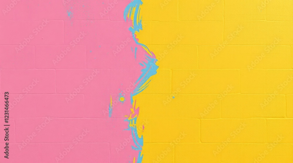 Naklejka premium Vibrant pink and yellow brick wall with blue artistic accents
