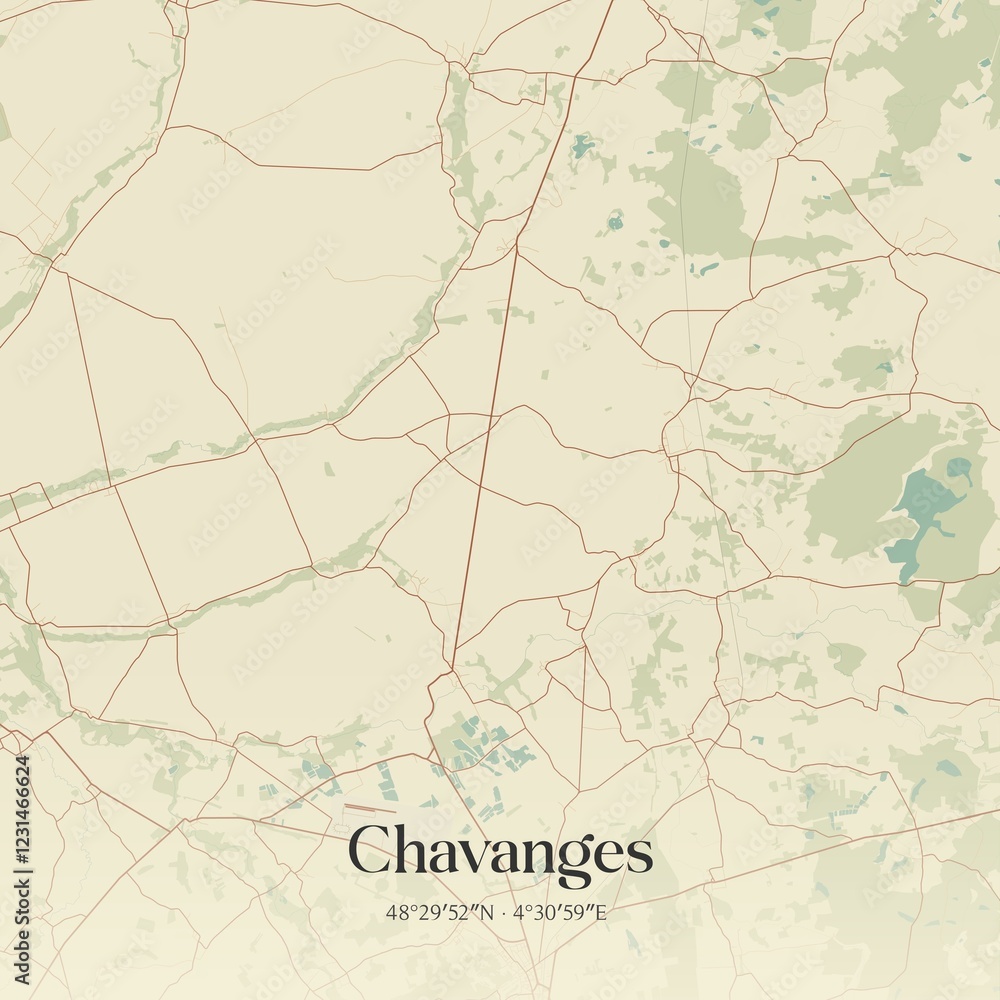 Fototapeta premium Retro map of Chavanges, Grand Est, France. Vintage street map.