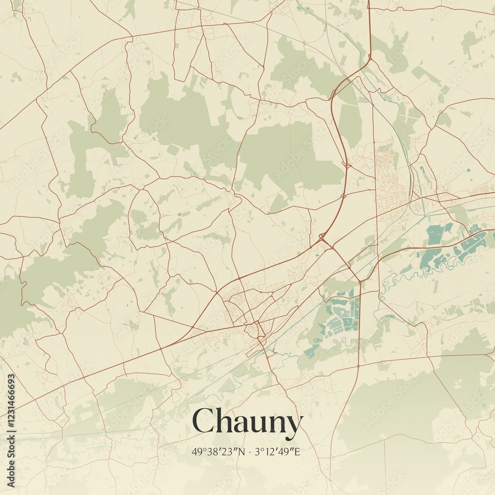 Fototapeta premium Retro map of Chauny, Hauts-de-France, France. Vintage street map.