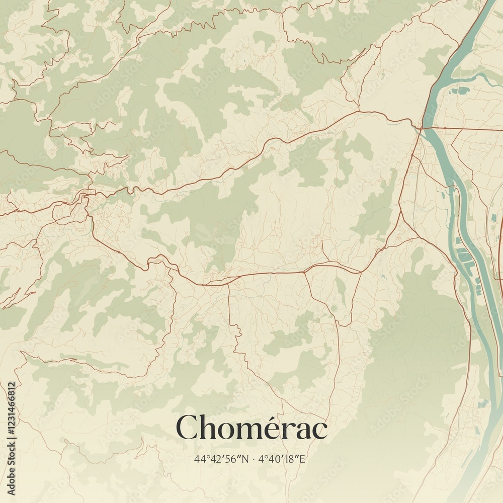Fototapeta premium Retro map of Chom�rac, Auvergne-Rh�ne-Alpes, France. Vintage street map.