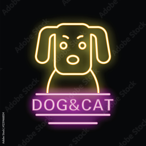 Yellow neon sign showing a dog for a dog and cat shop on a black background
