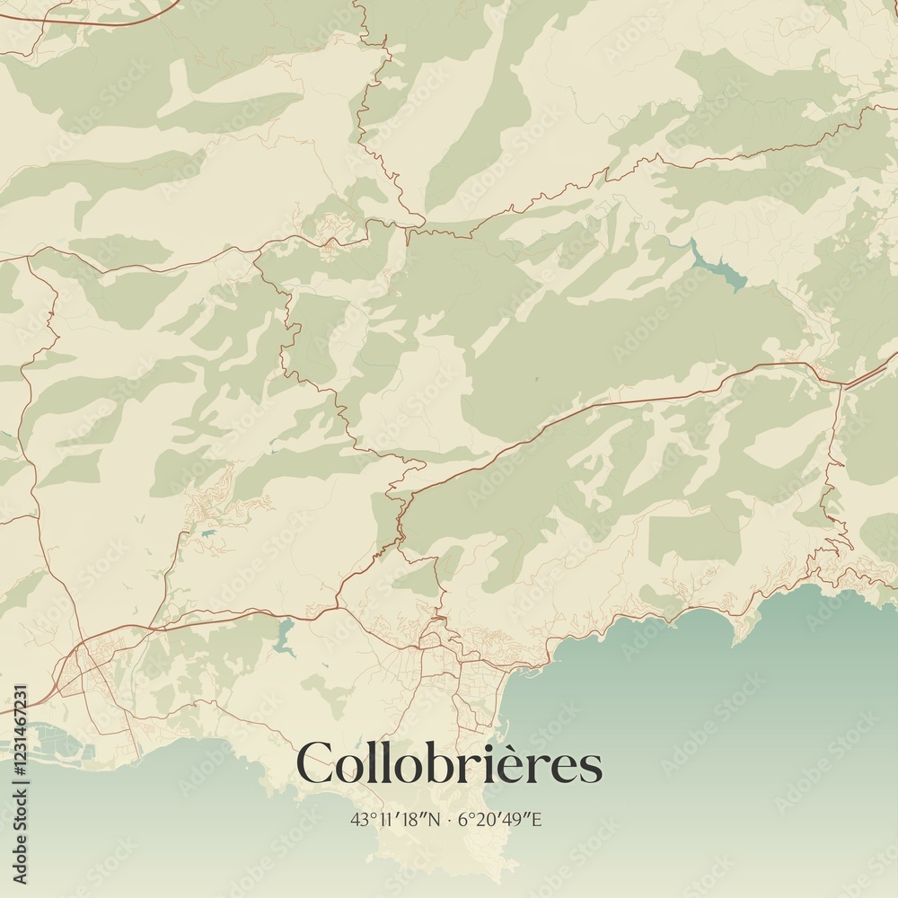 Obraz premium Retro map of Collobri�res, Provence-Alpes-C�te d'Azur, France. Vintage street map.