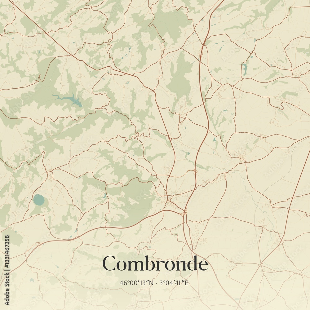 Fototapeta premium Retro map of Combronde, Auvergne-Rh�ne-Alpes, France. Vintage street map.