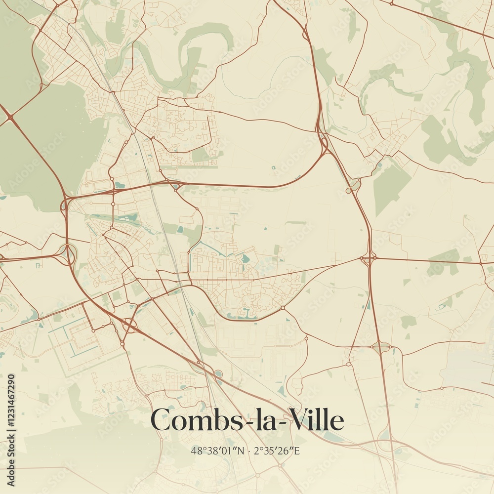 Fototapeta premium Retro map of Combs-la-Ville, �le-de-France, France. Vintage street map.