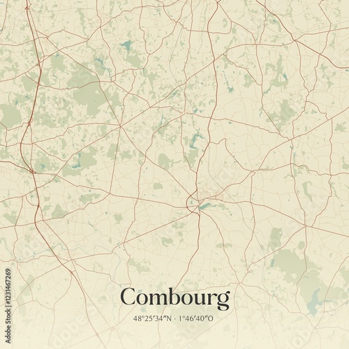 Retro map of Combourg, Bretagne, France. Vintage street map. photo