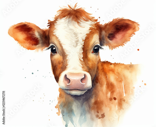 Watercolor vector art of a Charming Cow. Adorable watercolor painting of a close-up view of a cow's head. The cow has a gentle expression and large brown eyes. Its coat is a mix of brown and white