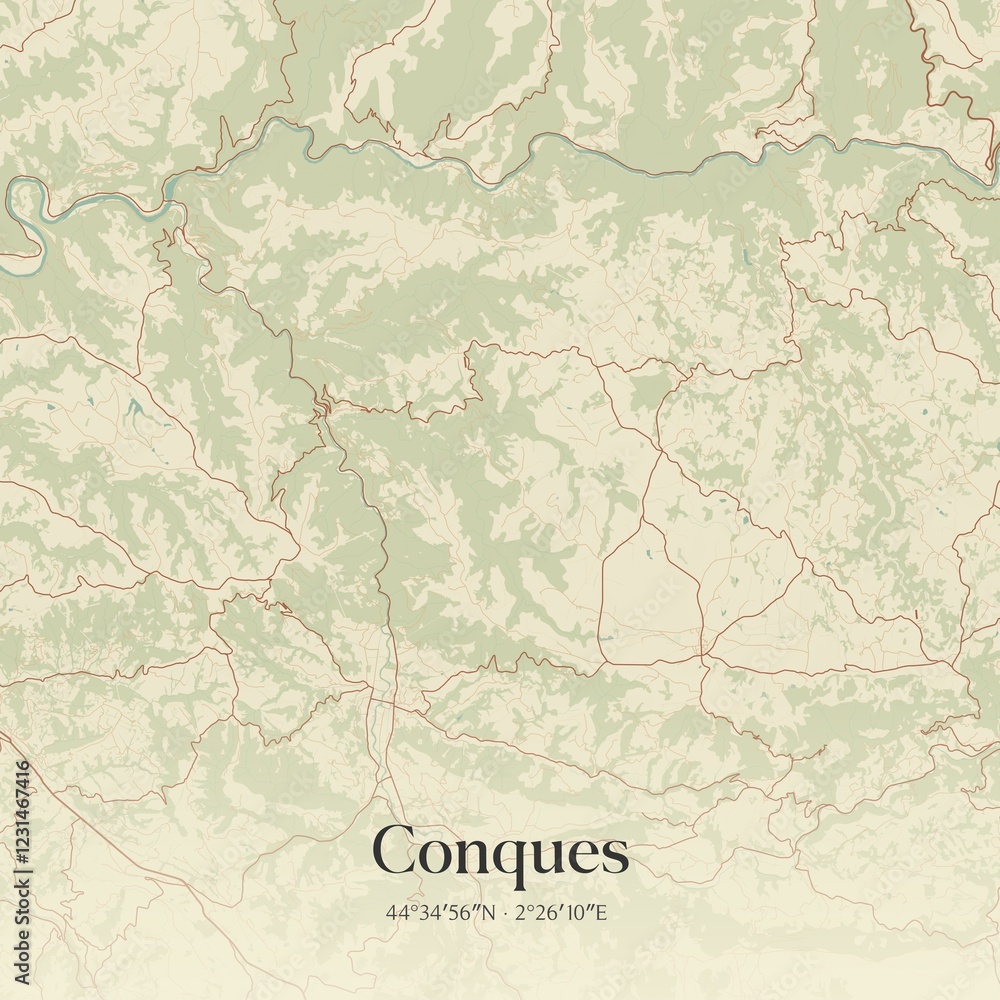 Fototapeta premium Retro map of Conques, Occitanie, France. Vintage street map.