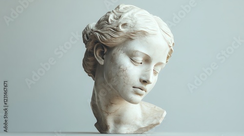 A classical marble sculpture head displayed against a minimalistic, neutral-toned background, highlighting its timeless beauty