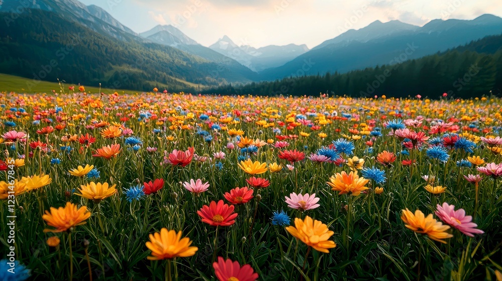 Obraz premium Vibrant Wildflower Meadow in the Majestic Alps: A Stunning Floral Landscape Panorama