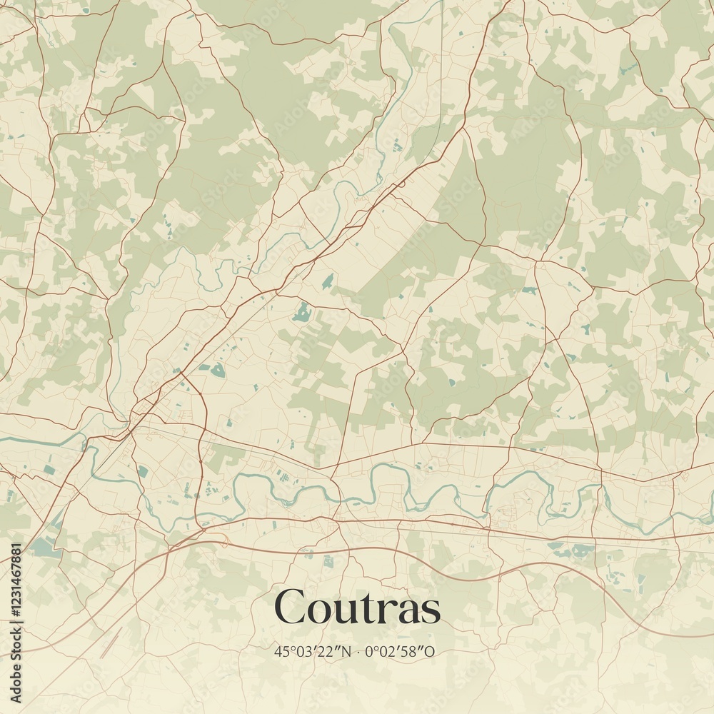 Fototapeta premium Retro map of Coutras, Nouvelle-Aquitaine, France. Vintage street map.
