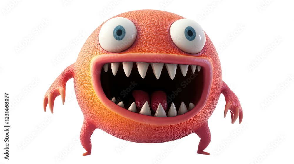 Fototapeta premium Colorful cartoon monster with exaggerated features and wide grin stands in a playful pose