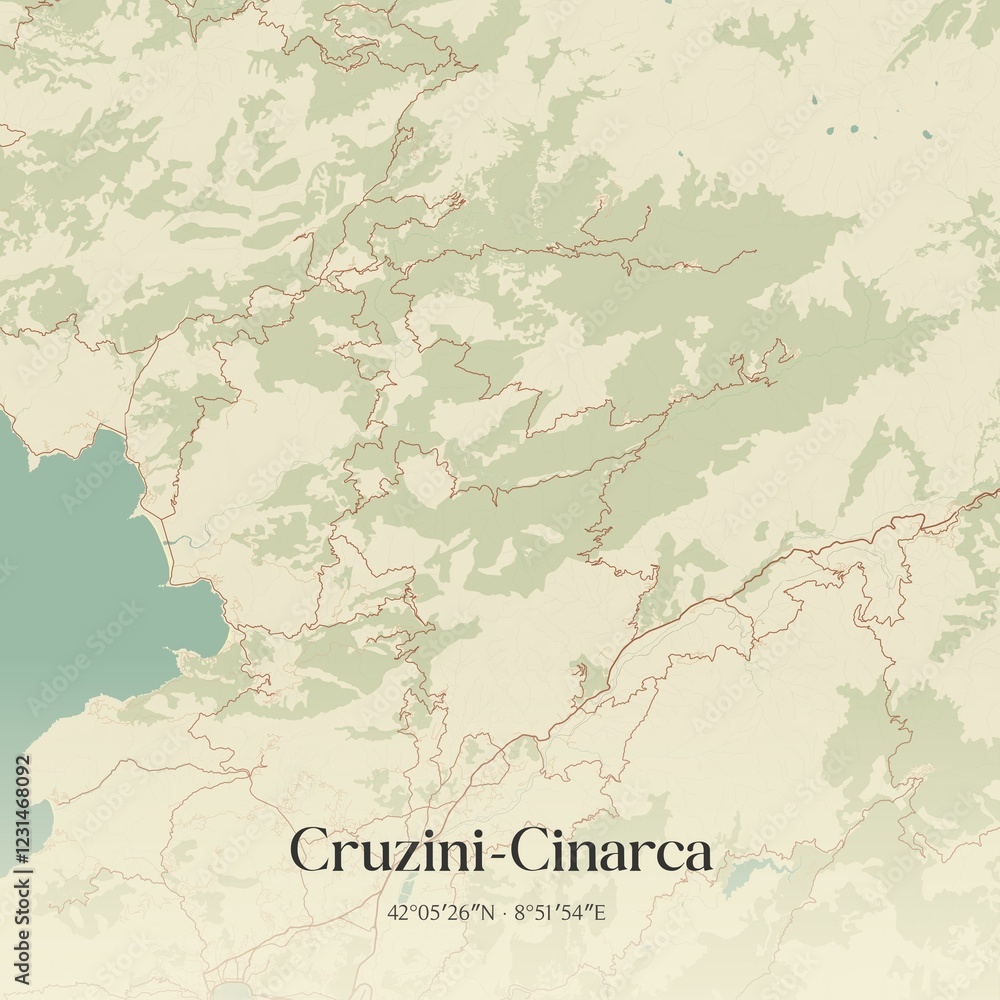 Fototapeta premium Retro map of Cruzini-Cinarca, Corse, France. Vintage street map.