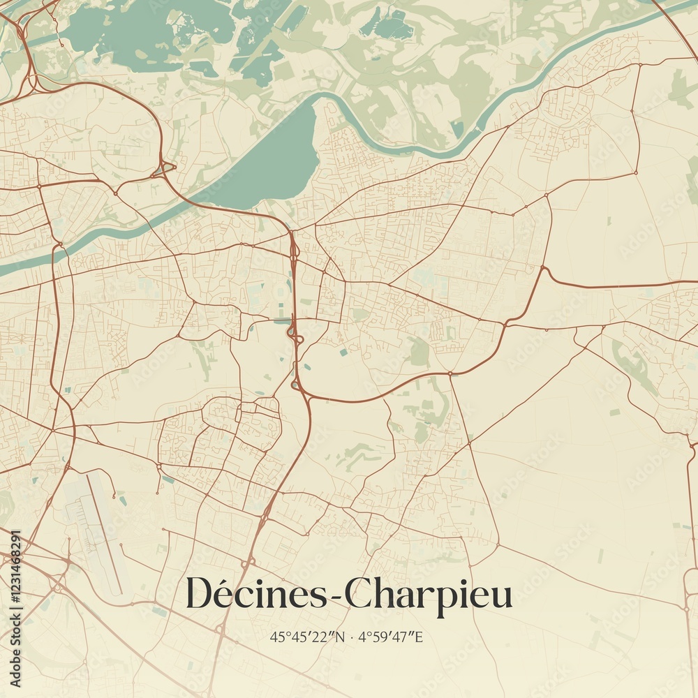 Retro map of D�cines-Charpieu, Auvergne-Rh�ne-Alpes, France. Vintage street map.